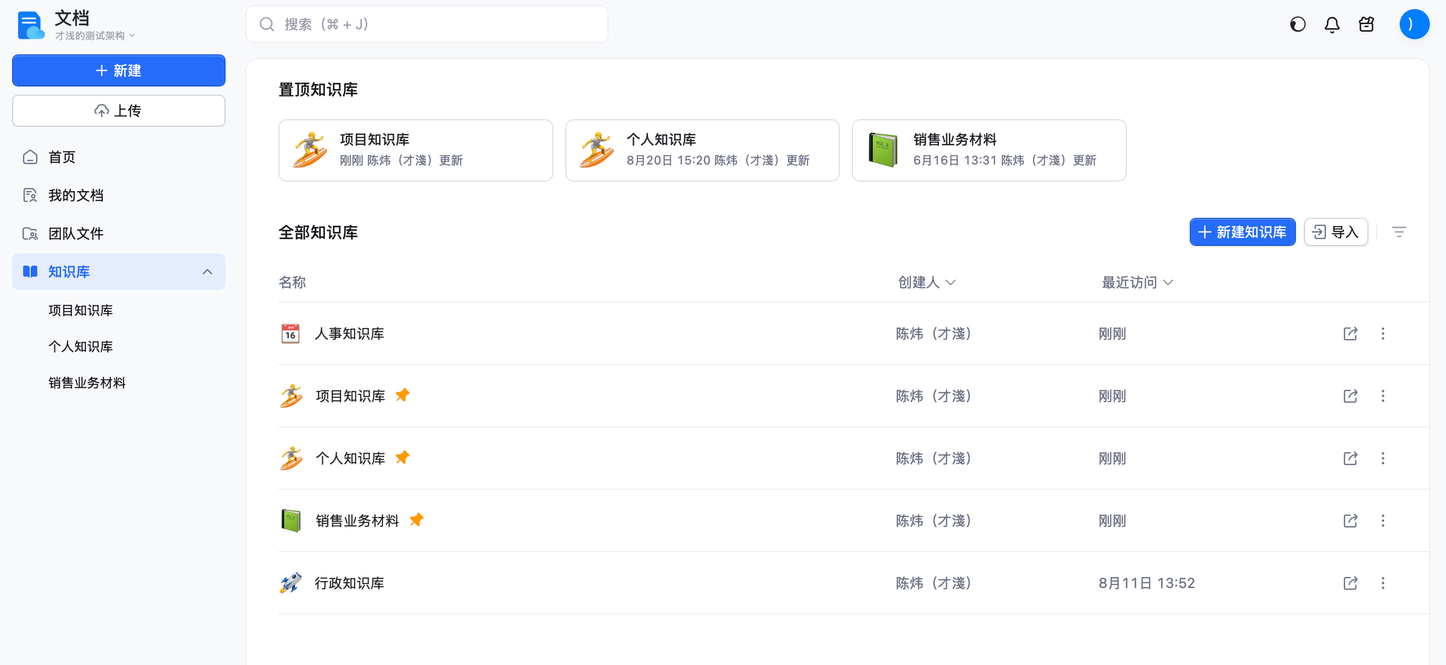 钉钉文档工作台中的知识库列表页面